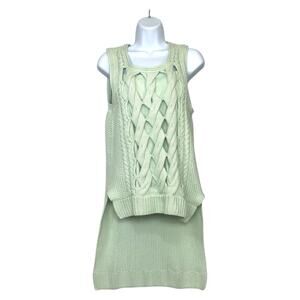 Asymmetric Cable Knit Tank Sweater Women M Seafoam Green Lagenlook Coastal Cozy